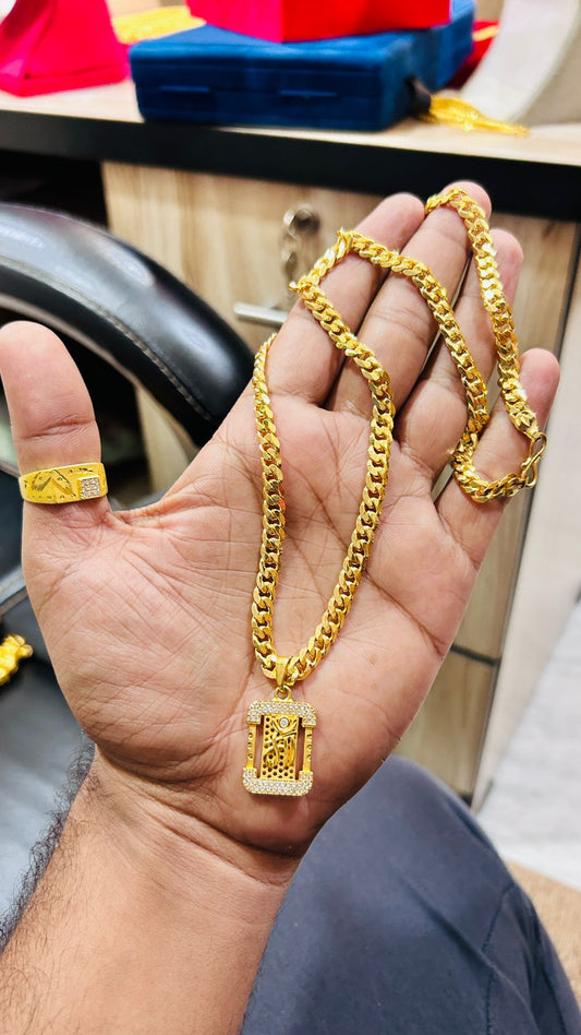 Luxury Gold Plated Chain, Ring & Pendant Combo Set for Men ✨🔥