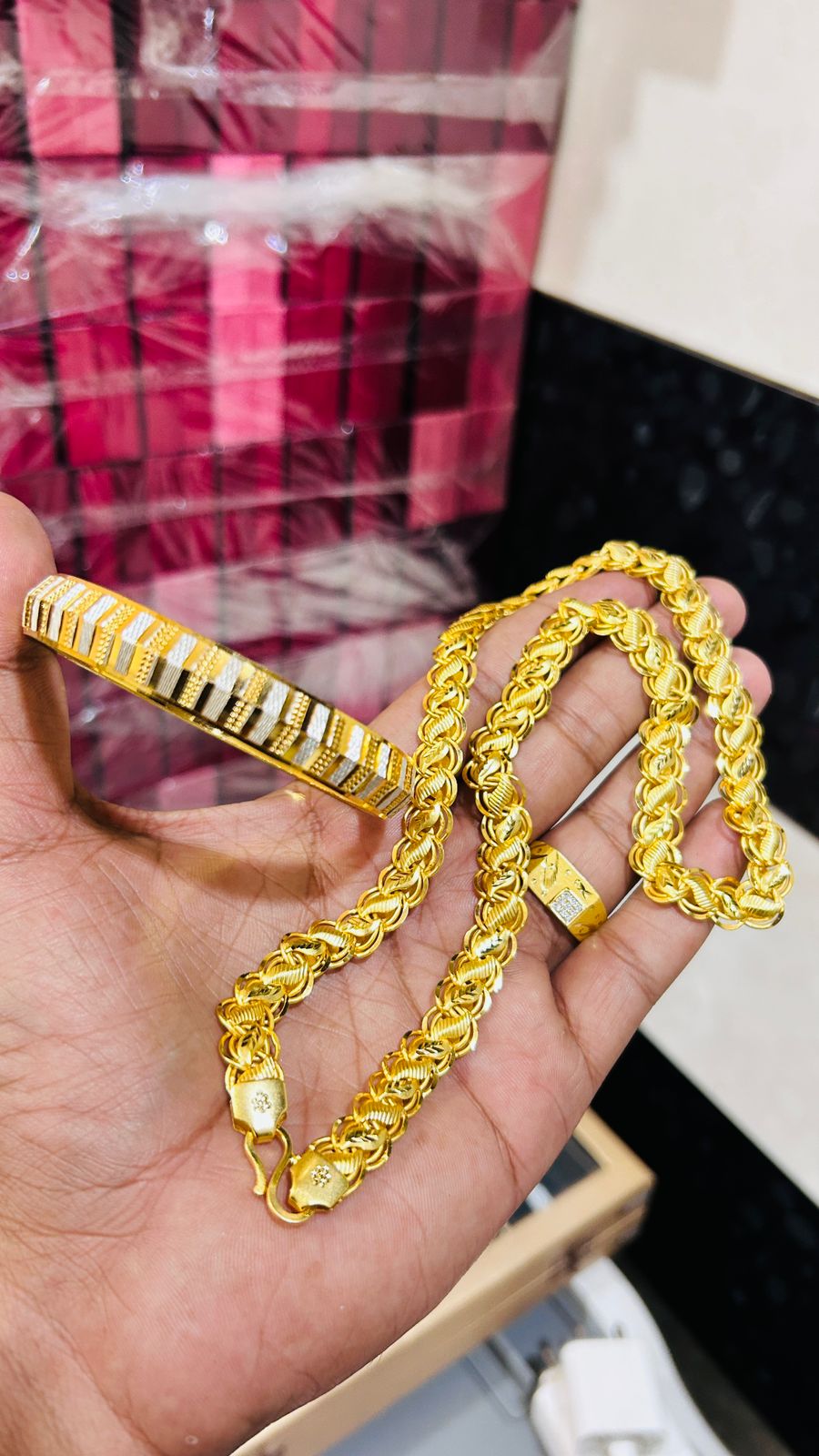 Premium Lotus Chain, CNC Rhodium Kada & Ring Combo Set for Men ✨🔥